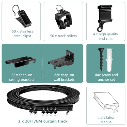 Ceiling Curtain Track, Flexible Bendable Curtain Track 20Ft Black Curtain Rail Ceiling Wall Mount - color: Black, size: 20Ft