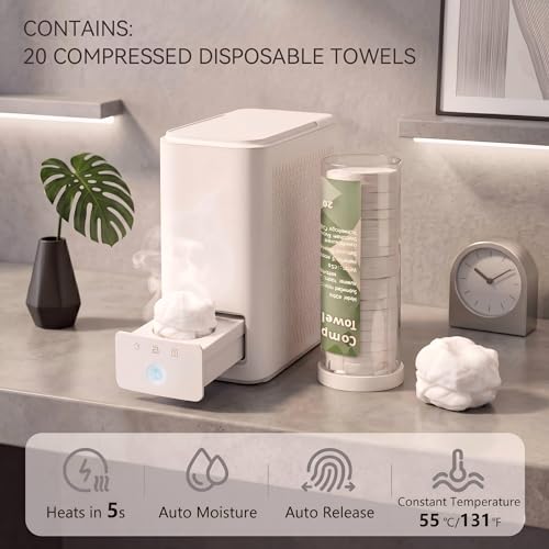 Hot Towel Dispenser, 5s Instant Heating Automatic Facial Towel Warmer (131°F), Jam-Free Compressed Towel Machine for Skincare, Sensitive Skin & Baby Care, with 20 Compressed Towels - size: Towel Machine