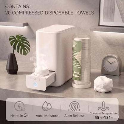 Hot Towel Dispenser, 5s Instant Heating Automatic Facial Towel Warmer (131°F), Jam-Free Compressed Towel Machine for Skincare, Sensitive Skin & Baby Care, with 20 Compressed Towels - size: Towel Machine