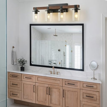 Bathroom Vanity Light Fixtures 4 lights Wooden Farmhouse Vanity Lights | Rustic Bathroom Lights over Mirror with Clear Glass Shade Black Industrial Wall Sconce for Bathroom Bedroom Hallway - color: Antique Wood 4Light