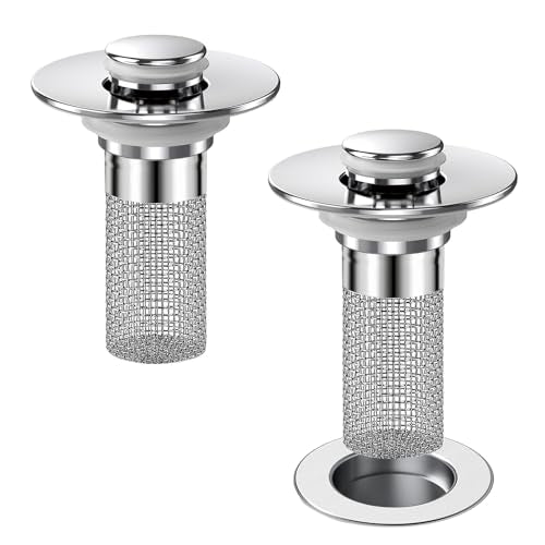 Bathroom Sink Drain Strainer, Pop-up Sink Stopper Hair Catcher with Removable Stainless Steel Filter Basket,Universal Drain Plug Filter Replacement for Bathroom Shower Sink Stopper(2Pcs)