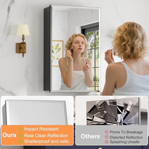 20x28 Inch Medicine Cabinet with Mirror, Aluminum Medicine Cabinet, Black | Tempered Beveled Edge Mirror Single Door, Adjustable Glass Shelves, Surface or Recessed Mount Bathroom Mirrors with Storage - size: 20 in. x 28 in.