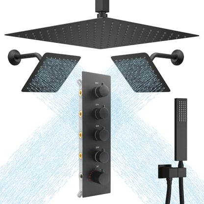 Black Thermostatic Shower System three Shower Heads with 16" Ceiling Mounted Rain Shower Head & 2 x 6" Wall Mounted Head 4 Function Full Body Shower System Can All Run Together - color: Matte Black