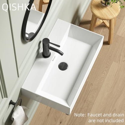 Wall Mount Rectangular Vessel Sink with Towel Rack, QISHKA 24"x14" Modern Ceramic Bathroom Floating Sink, White Rectangle Vanity Sink with Overflow, Wall Hung Wash Hand Basin - size: 24" x 14.2" x 5.1"