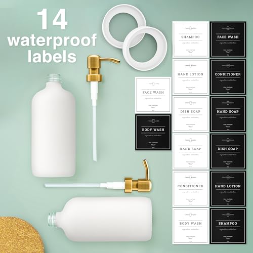 Vine Creations Glass Soap Dispenser, 2 Pack Kitchen Soap Dispenser Set with Stainless Steel Pump, 16 oz Dish Soap and Hand Soap Dispensers for Bathroom with Waterproof Labels (White) - color: Matte White Bottle / Gold Pump