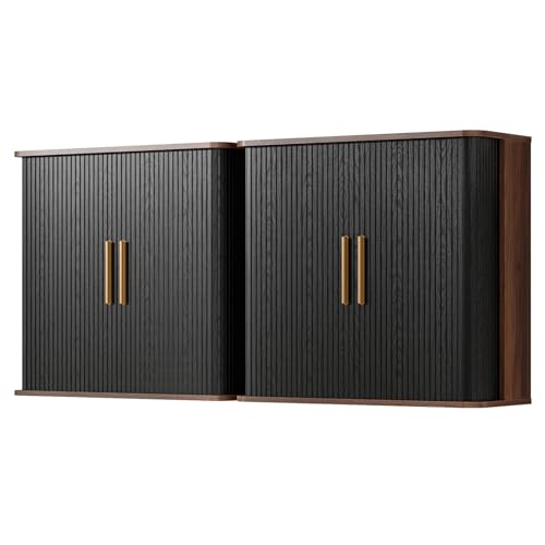 Furnaza 60" W Laundry Room Wall Mounted Cabinets with Fluted Sliding Door | Black Upper Bathroom Medicine Storage Cabinet with Adjustable Shelf for Kitchen,Garage,11.7" D x 27.7" H - color: Black, size: 60" W