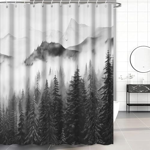 Black Forest Shower Curtain with Hooks for Bathroom 72x72 Inch | Waterproof Nature Foggy Mountain Shower Curtain Set, Soft and Lightweight Bathroom Decor, Machine Washable - color: Black, size: 72"W x 72"L (Pack of 1)