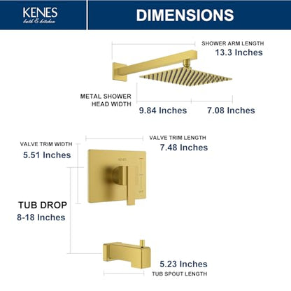 KENES Brushed Gold Shower Set with Tub Faucet, Square Tub Shower Faucet Set | Shower Faucet with 10-Inch Rain Shower Head, Square Shower System, Valve Included, Lead-Free cUPC & NSF Certified, Stainless - color: Brushed Gold, style: Tub Shower Faucet Set