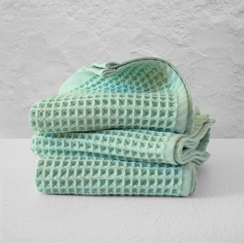 PÜSKÜL - Set of 3 Organic Waffle Hand Towel Ice Green - Premium Quality, 100% Turkish Cotton, Soft, Quick-Dry, Absorbent, Lint-Free Face Kitchen Hand Towels (Ice Green, Hand Towels - Pack of 3) - color: Ice Green, size: Hand Towels - Pack of 3