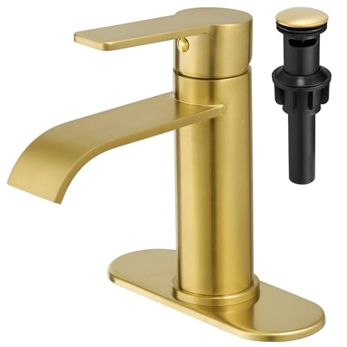 VOTON Waterfall Bathroom Faucet Brushed Gold, Single Handle 1 or 3 Hole Modern Sink Faucet with Deck Plate & Pop-Up Drain, RV Camper Vanity Washbasin Tap - color: Brushed Gold