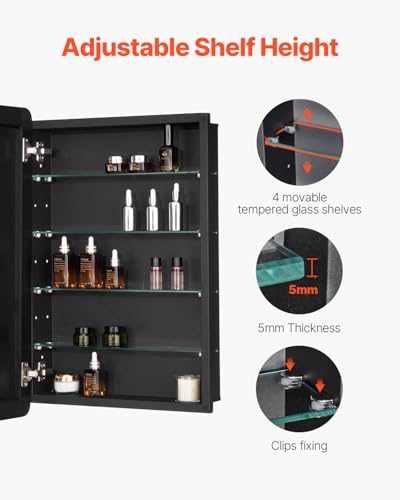 VEVOR Medicine Cabinet, 20 x 30 inch, Medicine Cabinet for Bathroom with Mirror, Aluminum Frame Bathroom Wall Cabinet, 4-Layer Adjustable Shelves, Recessed & Wall-Mounted Installation - size: 20x30in