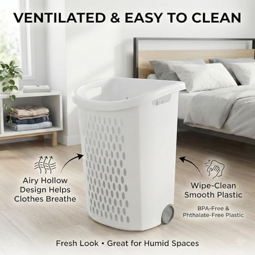 Wheeled Plastic Laundry Hamper,Ultra Wheeled Design Clothes Laundry Basket,Extra Large 135L Pull Handle & Side Grips Plastic Ventilated Clothes Basket for Home, Dorm, or Apartment