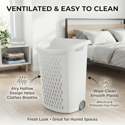 Wheeled Plastic Laundry Hamper,Ultra Wheeled Design Clothes Laundry Basket,Extra Large 135L Pull Handle & Side Grips Plastic Ventilated Clothes Basket for Home, Dorm, or Apartment