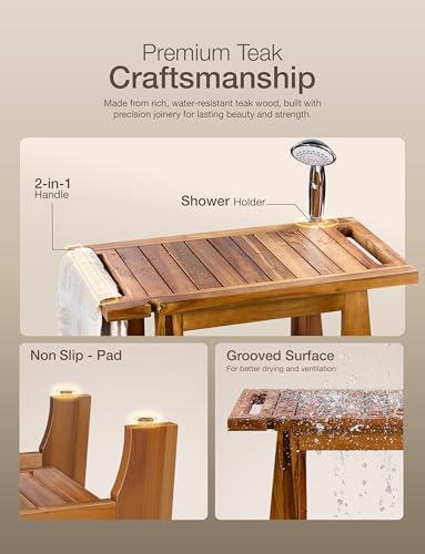 TINAMO 22”L Shower Bench for Inside Shower with Shower Holder, Holds 400LBS | Teak Wood, 400 LBS Capacity, Slatted Design, Built-In Shelf, Handles & Shower Holder, Non-Slip, Water-Resistant, Versatile