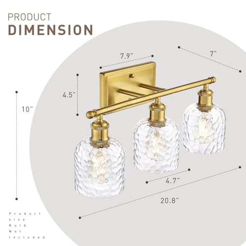 zeyu 21 Inch Bathroom Wall Sconce, 3 Light Sconces Wall Lighting Over Mirror, Brushed Gold Finish with Clear Hammered Glass, ZJF63B-3W BG - color: Brushed Gold|Hammered Glass, size: 3-Light