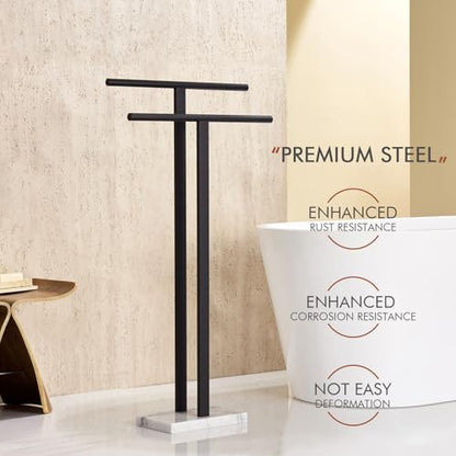 KOKOSIRI Free Standing Towel Racks Matte Black 2-Tier Towel Holder for Bathroom Floor Stand with Heavy Marble Base Thicken Steady Design Stainless Steel THS0005-BK - color: Matte Black