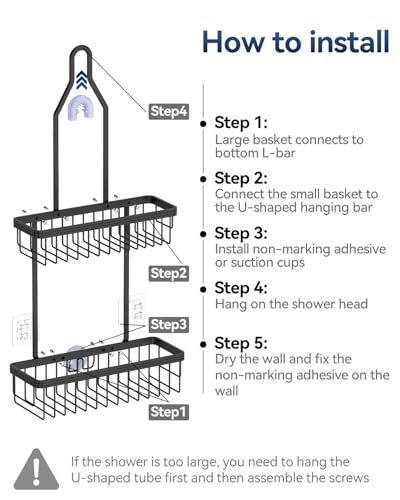 Never Rust Shower Caddy Hanging, Aluminum Shower Racks for Inside Shower, 2-Tier Shower Organizer Hanging Over Shower Head with Hooks and Soap Holder, Black - color: Black