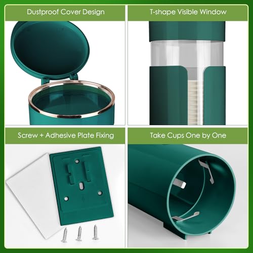 Wall Mounted Cup Dispenser for 5oz-8oz Disposable Cups - Pull Type Water Cooler Cup Holder with T-Shaped Window & Iron Clips, Dustproof Design for Family Bathroom, Office, Gym, Clinic (Green)