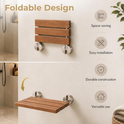 DIYHD 20" Burmese Teak Wood Wall Mounted Folding Shower Bench, Brushed | Premium Solid Teak Wood with Stainless Steel Bars, 330 lbs Capacity, 14” W x 20” D, Fits 16” Stud Spacing - size: 20"