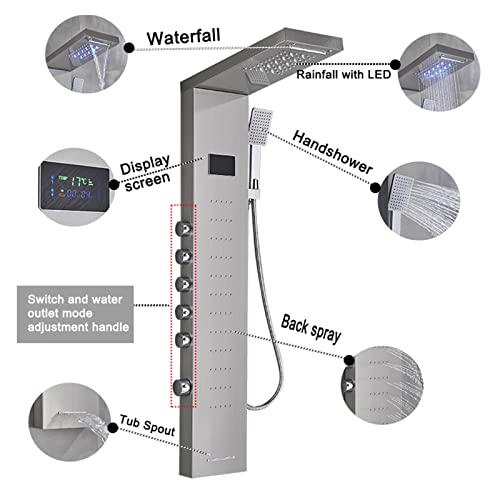 Split Shower Panel Tower System, Stainless Steel 5 in 1 Shower Column with LED Rainfall Waterfall Shower Head, Water Temperature Display and Body Jets,Brushed - color: Brushed