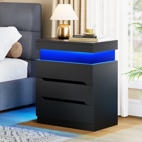 Night Stand with 3 Drawers, Nightstand with App-Controlled Adjustable LED Light, Bedside Table with Slidable Hidden Storage Space, Modern Nightstands for Bedroom,Black - color: Unbzx032hd-zf