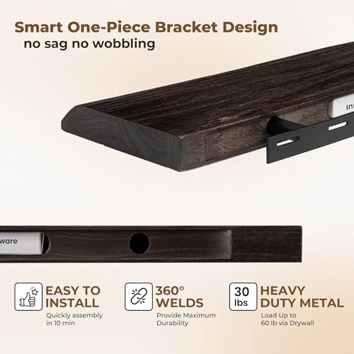 24 inch Floating Shelves for Wall Live Edge, Walnut, 2PCs | 8'' D Rustic Solid Elm Wood, Wall Mounted, Wall Shelves, Invisible Bracket, Living Room Bedroom Kitchen - color: Walnut Live Edge, size: 24x8x1.4in, Set of 2