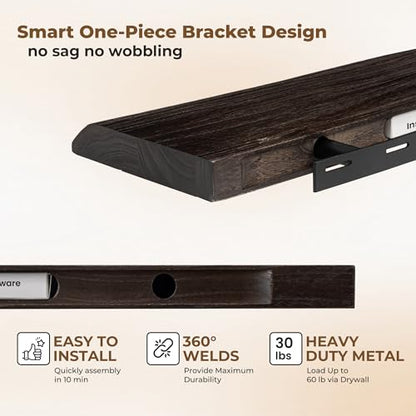 24 inch Floating Shelves for Wall Live Edge, Walnut, 2PCs | 8'' D Rustic Solid Elm Wood, Wall Mounted, Wall Shelves, Invisible Bracket, Living Room Bedroom Kitchen - color: Walnut Live Edge, size: 24x8x1.4in, Set of 2