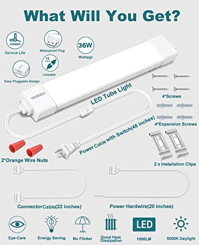 WNSNOU LED Shop Light With Plug, 4FT Waterproof Linkable Tube, 36W Cabinet Lighting 5000K Wired Electric Ceiling With ON/Off Switch, 4000LM Closet Light for Workshop, Room - size: 4FT-1PCS
