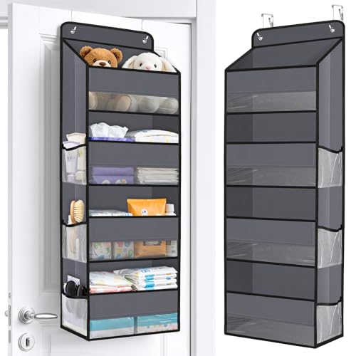 Over The Door Organizer Storage behind Door Hanging Organizer for Nursery | 4 Tier, 6 Side Pockets, Clear Window, Sturdy Construction, Space-Saving Storage for Closet, Bedroom, Bathroom & Nursery - color: Dark Grey, size: 4-Tier