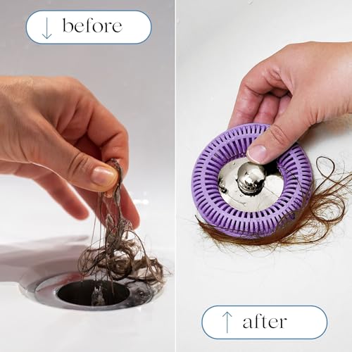 TubRing Pop-Up Drain Protector & Strainer Silicone Hair Catcher, Violet | Easy snap-in design fits around bathtub stoppers. Customizable utility guard for clog prevention. Fits 1.85"- 2.16" drains. - color: Violet