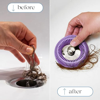 TubRing Pop-Up Drain Protector & Strainer Silicone Hair Catcher, Violet | Easy snap-in design fits around bathtub stoppers. Customizable utility guard for clog prevention. Fits 1.85"- 2.16" drains. - color: Violet