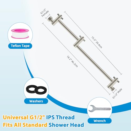 All-Metal 16" Shower Head Extension Arm, G1/2" Universal, Brushed Nickel | Flexible Brass Shower Head Extender Adjustable Height/Angle, Stainless Steel Rain Shower Pipe Height Extended with Lock Joint - color: Brushed Nickel, size: 16 Inch
