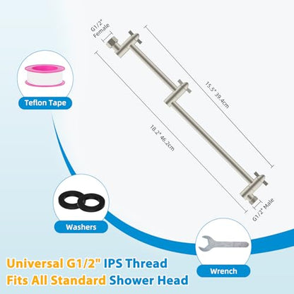 All-Metal 16" Shower Head Extension Arm, G1/2" Universal, Brushed Nickel | Flexible Brass Shower Head Extender Adjustable Height/Angle, Stainless Steel Rain Shower Pipe Height Extended with Lock Joint - color: Brushed Nickel, size: 16 Inch