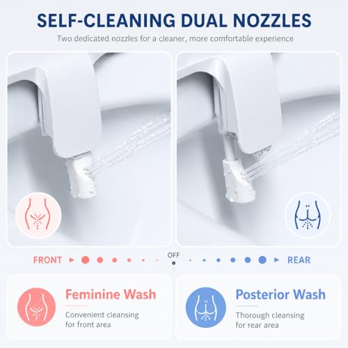 Ultra-Slim Bidet Attachment for Toilet, Non-Electric Dual Nozzle Bidet Toilet Seat Attachment with Frontal & Rear Wash, Self-Cleaning Retractable Nozzles, Adjustable Water Pressure, White