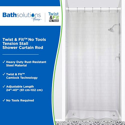 Kenney - Twist & Fit Cam-Lock Tension Shower Curtain Rod, 1" Diameter Durable Metal Construction, Adjustable 24"–40", No-Tools Installation, Secure Hold for Standard Showers, White
