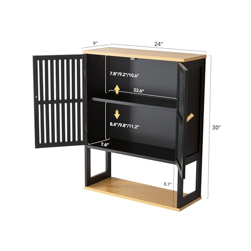 Bathroom Wall Cabinet with Bamboo Doors, 24 x 30 Inch, Black | Above-toilet medicine cabinet with an adjustable shelf, open bottom shelf, and French cleat mount. - color: Black-1, size: 24x30