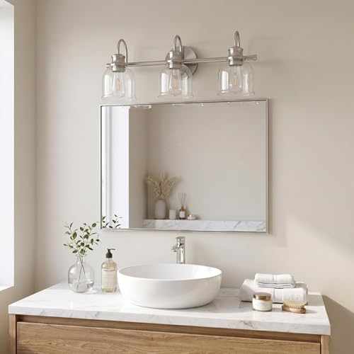 URSOLA 3 Lights 24" Bathroom Vanity Light Fixtures, Brushed Nickel Traditional Classic Vanity Light with Clear Glass, Bathroom Lighting Fixtures Over Mirror - color: Brushed Nickel, size: 3 Lights