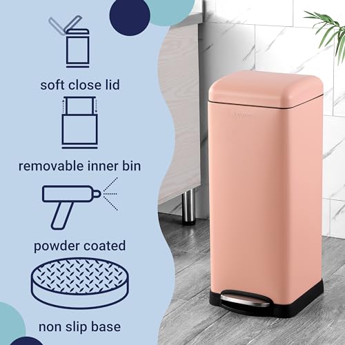 happimess Betty 8 Gal Step Trash Can Soft-Close Lid, Flamingo Pink | Removable Liner, Semi-Rectangular, Steel Pedal, Iron Powder Coated, 27" Height, Non-Skid Base - color: Flamingo Pink