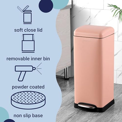 happimess Betty 8 Gal Step Trash Can Soft-Close Lid, Flamingo Pink | Removable Liner, Semi-Rectangular, Steel Pedal, Iron Powder Coated, 27" Height, Non-Skid Base - color: Flamingo Pink
