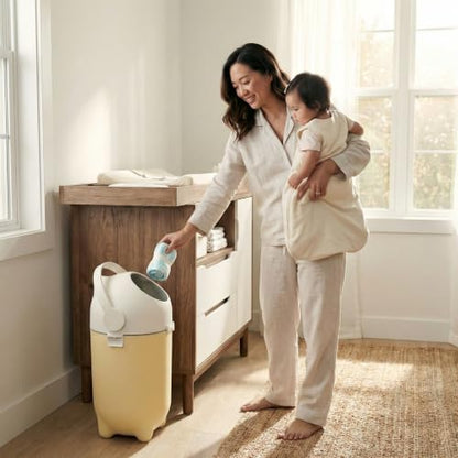 iTouchless 4 Gal Nursery Bin | Odor-Locking Diaper Pail Bin | Sand Almond | Rotating Ball Seal Traps Smells | Fits Any Trash Bag, No Refills Ever | Flip-Up Handle Opens One-Handed | Holds 300 Diapers - color: White / Almond
