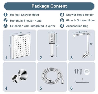 BRIGHT SHOWERS High Pressure Rain Shower Head Combo with Double Extension Arm, 8 Inch Rainfall Shower Head with Handheld Spray, Height Adjustable Dual Square Showerhead Set, Chrome - color: Chrome, style: Dual Shower Head with Extension Arm