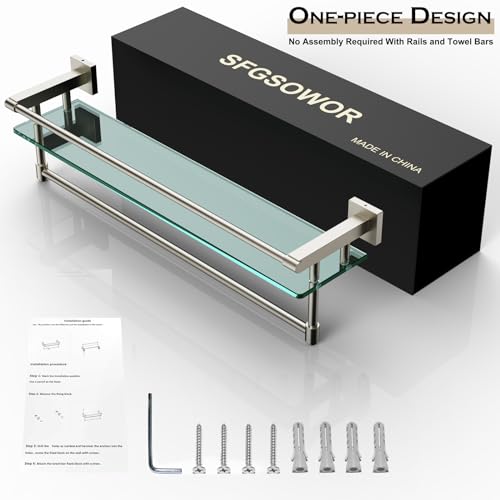 24-Inch Modern Wall-Mounted Bathroom Glass Shelf with 1 Shelf, Brushed Nickel, 1 Towel Bar, 45 lbs Weight Capacity - color: Brushed Nickel, size: 24-inch with Railing