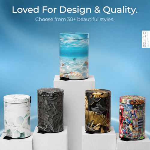 Sanilo Small Bathroom Trash Can with Lid [1.3 Gallon] - Lidded Tiny Trashcan for Garbage - Mini Metal Bin with Soft Closing Mechanism - Bath Room Accessoire Wastebin with Inner Bucket (Waterworld) - color: Waterworld