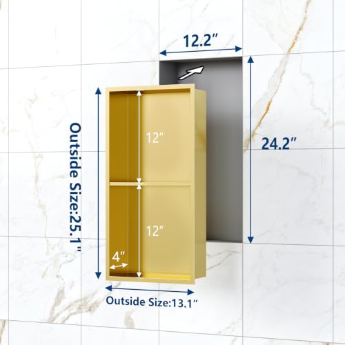 Qeke 12" x 24" Stainless Steel Shower Niche w/Double Shelves, Brushed Golden - color: Brushed Golden, size: 12X24"