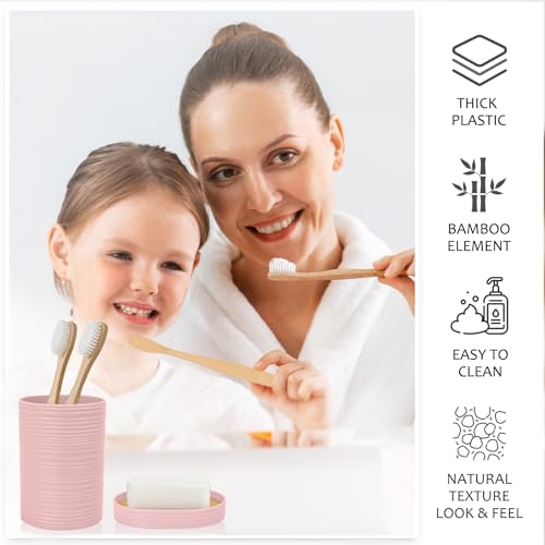 CERBIOR Bamboo Bathroom Accessories Set 6 Piece Spiral Bath Ensemble（Pink） | Includes Soap Dispenser, Toothbrush Holder, Toothbrush Cup, Soap Dish for Decorative Countertop and Housewarming Gift, Pink - style: Pink