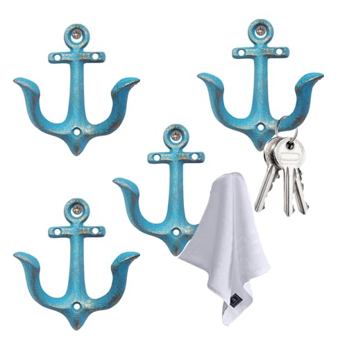 Notakia Decorative Wall Mounted Antique Shabby Chic Metal Home Bathroom Towel Coat Hooks Hanger, Vintage Rustic Cast Iron Wall Hooks (Blue 4Pcs) - color: Blue 4Pcs