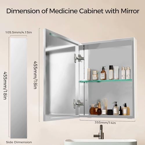 14 x 18 Inch Bathroom Medicine Cabinet with Mirror, Medicine Cabinet Mirror, Bathroom Mirror with Storage with One Adjustable Shelf, Assembly Required, Support Recessed or Surface Mount - size: 14 x 18