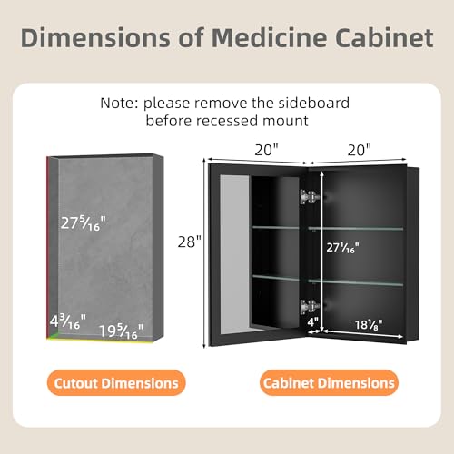 20x28 Inch Medicine Cabinet with Mirror, Aluminum Medicine Cabinet, Black | Tempered Beveled Edge Mirror Single Door, Adjustable Glass Shelves, Surface or Recessed Mount Bathroom Mirrors with Storage - size: 20 in. x 28 in.
