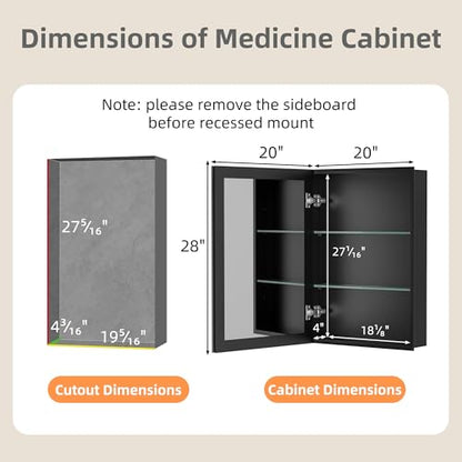 20x28 Inch Medicine Cabinet with Mirror, Aluminum Medicine Cabinet, Black | Tempered Beveled Edge Mirror Single Door, Adjustable Glass Shelves, Surface or Recessed Mount Bathroom Mirrors with Storage - size: 20 in. x 28 in.