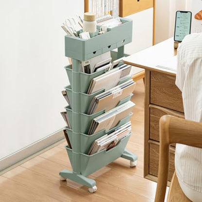 5 Tier Rolling Book Cart Multi-Functional Movable Storage Bookshelves | rolling bookshelf,Movable Storage Bookshelves with Lockable Wheels for Study Office Library Classroom, - color: Blue